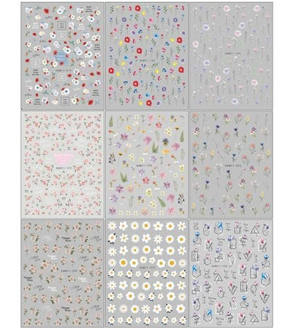 JMEOWIO 9 Sheets Spring Flower Nail Art Stickers Decals - Self-Adhesive Colorful Summer Floral Nail Supplies