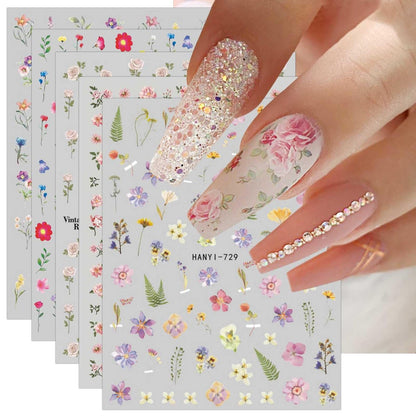 JMEOWIO 9 Sheets Spring Flower Nail Art Stickers Decals - Self-Adhesive Colorful Summer Floral Nail Supplies