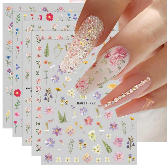 JMEOWIO 9 Sheets Spring Flower Nail Art Stickers Decals - Self-Adhesive Colorful Summer Floral Nail Supplies