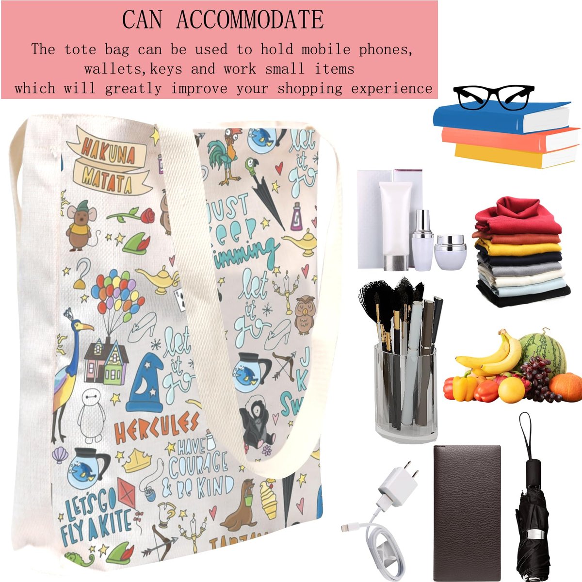 POFULL Movie Characters Collage Canvas Cosmetic Bag – Fairy Tales Gift for Women - görsel 11