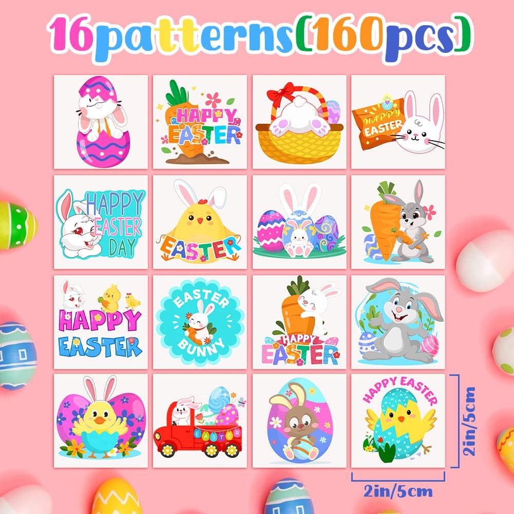 Easter Basket Stuffers for Kids 160PCS Temporary Easter Tattoos for Kids 2 Inch Fake Tattoo Stickers Easter Goodie Bag Fillers Easter Decorations Party Favors Supplies for Boys Girls Avelisse
