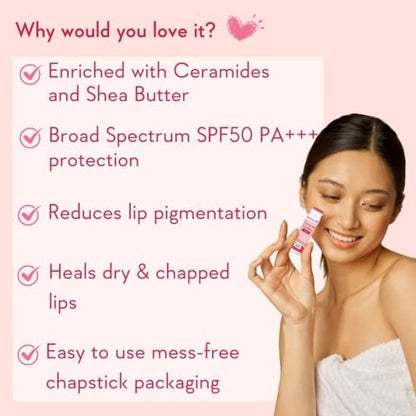 WishCare Tinted Lip Balm with SPF 50 PA+++ – Enriched with Niacinamide, Natural Pink, 5g