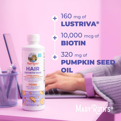 MaryRuth Organics Women's Hair Growth MAX Liposomal with Lustriva® + Biotin 10000mcg + Pumpkin Seed Oil - Thicker Hair & Skin Support, 15.22 Fl Oz Avelisse