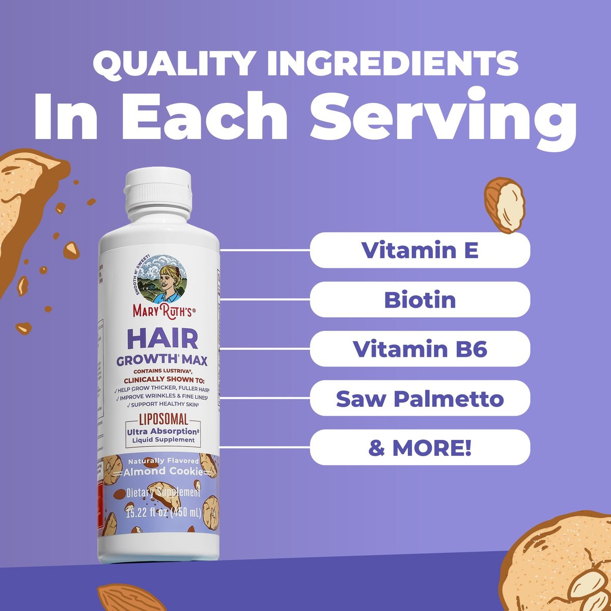 MaryRuth Organics Women's Hair Growth MAX Liposomal with Lustriva® + Biotin 10000mcg + Pumpkin Seed Oil - Thicker Hair & Skin Support, 15.22 Fl Oz Avelisse
