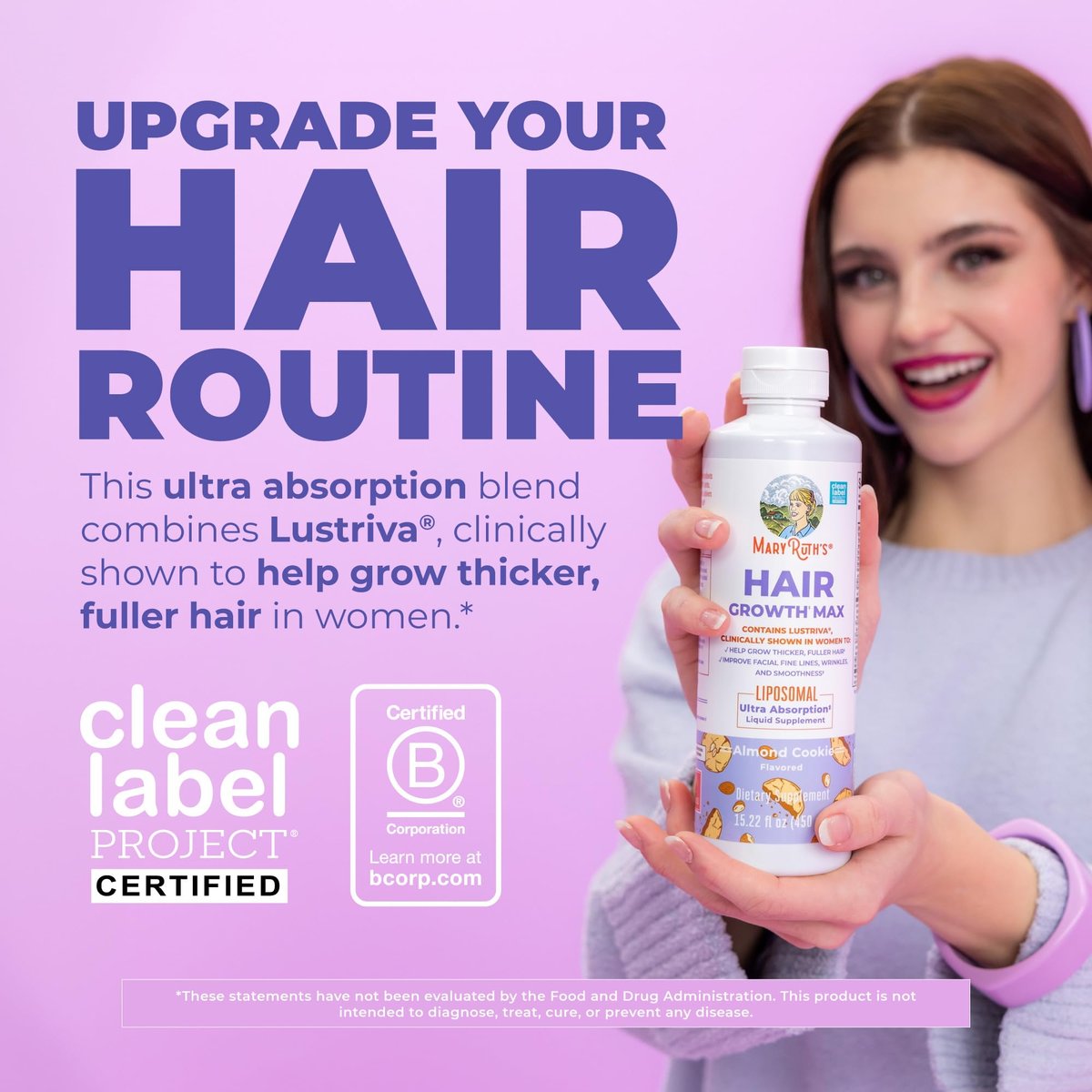 MaryRuth Organics Women's Hair Growth MAX Liposomal with Lustriva® + Biotin 10000mcg + Pumpkin Seed Oil - Thicker Hair & Skin Support, 15.22 Fl Oz Avelisse