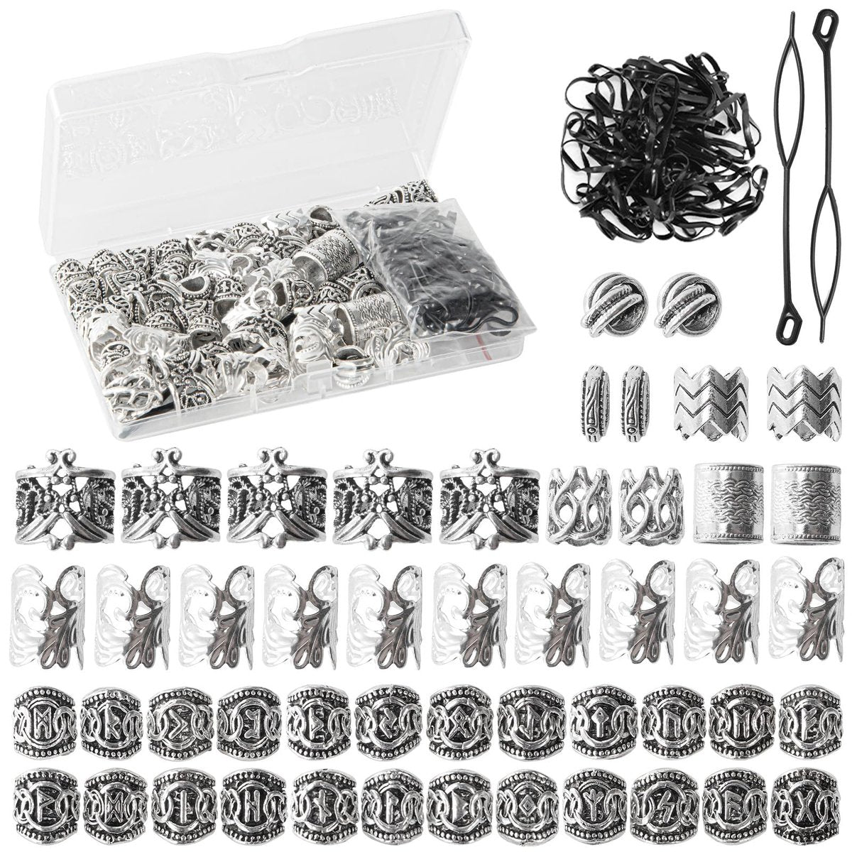 81PCS Viking Hair Beads & Beard Ornaments Set - Premium Silver Hair Jewelry for Dreadlocks, Braids, Locs, and Beard Decor - görsel 1