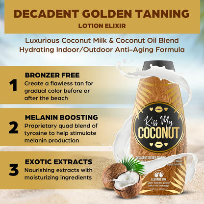 Kiss My Coconut Tanning Bed Lotion - Skin Softening Golden Tan Intensifier with Coconut Milk & Cocoa Butter, No Bronzer, Unisex Hydrating Indoor/Outdoor Accelerator by Elegant Sun Avelisse