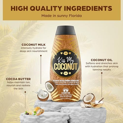 Kiss My Coconut Tanning Bed Lotion - Skin Softening Golden Tan Intensifier with Coconut Milk & Cocoa Butter, No Bronzer, Unisex Hydrating Indoor/Outdoor Accelerator by Elegant Sun Avelisse
