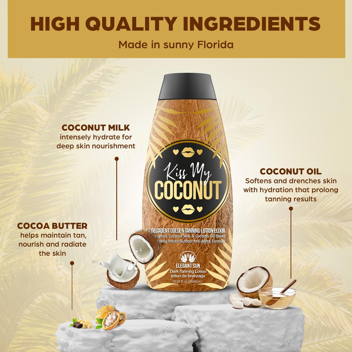 Kiss My Coconut Tanning Bed Lotion - Skin Softening Golden Tan Intensifier with Coconut Milk & Cocoa Butter, No Bronzer, Unisex Hydrating Indoor/Outdoor Accelerator by Elegant Sun Avelisse