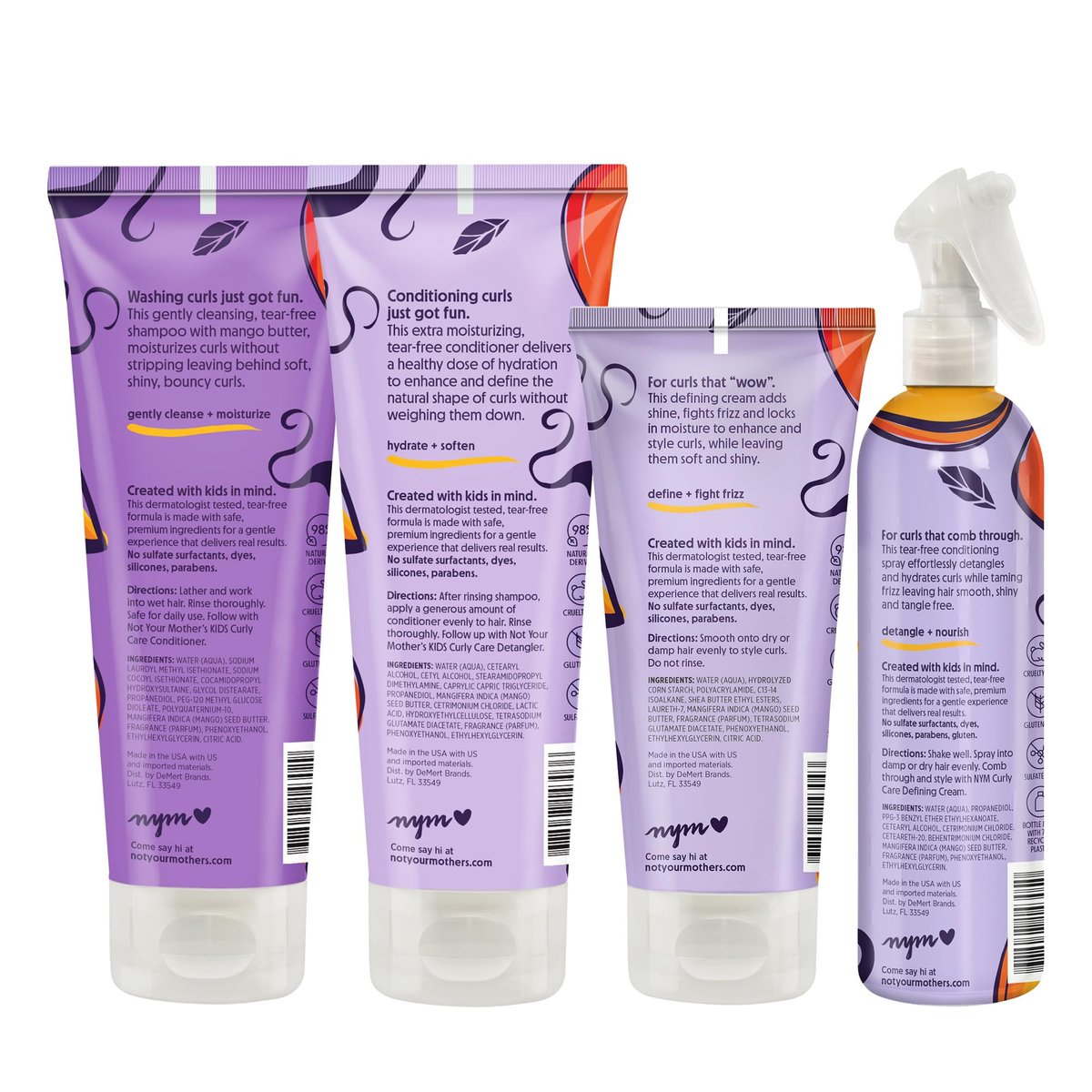 Not Your Mother's Kids Curly Care 4-Pack: Tear-Free Shampoo, Conditioner, Curl Defining Cream & Detangler Spray for All Curl Types Avelisse