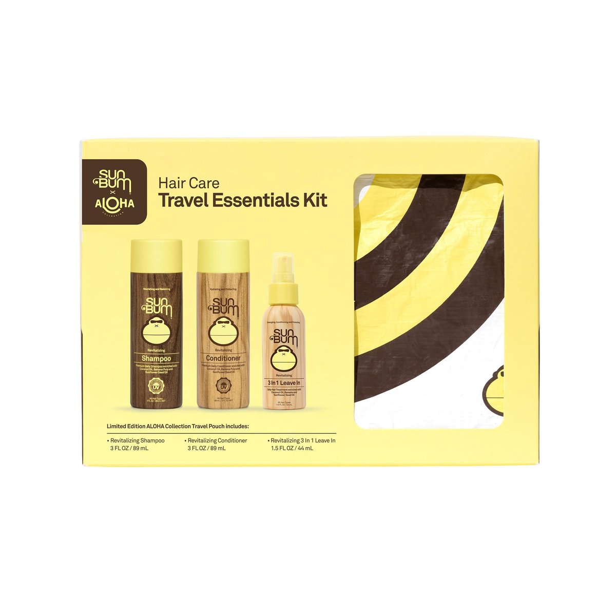 Sun Bum Hair Care Travel Essentials Kit - Revitalizing Shampoo, Conditioner, and 3-in-1 Leave-In Treatment with Aloha Travel Pouch Avelisse