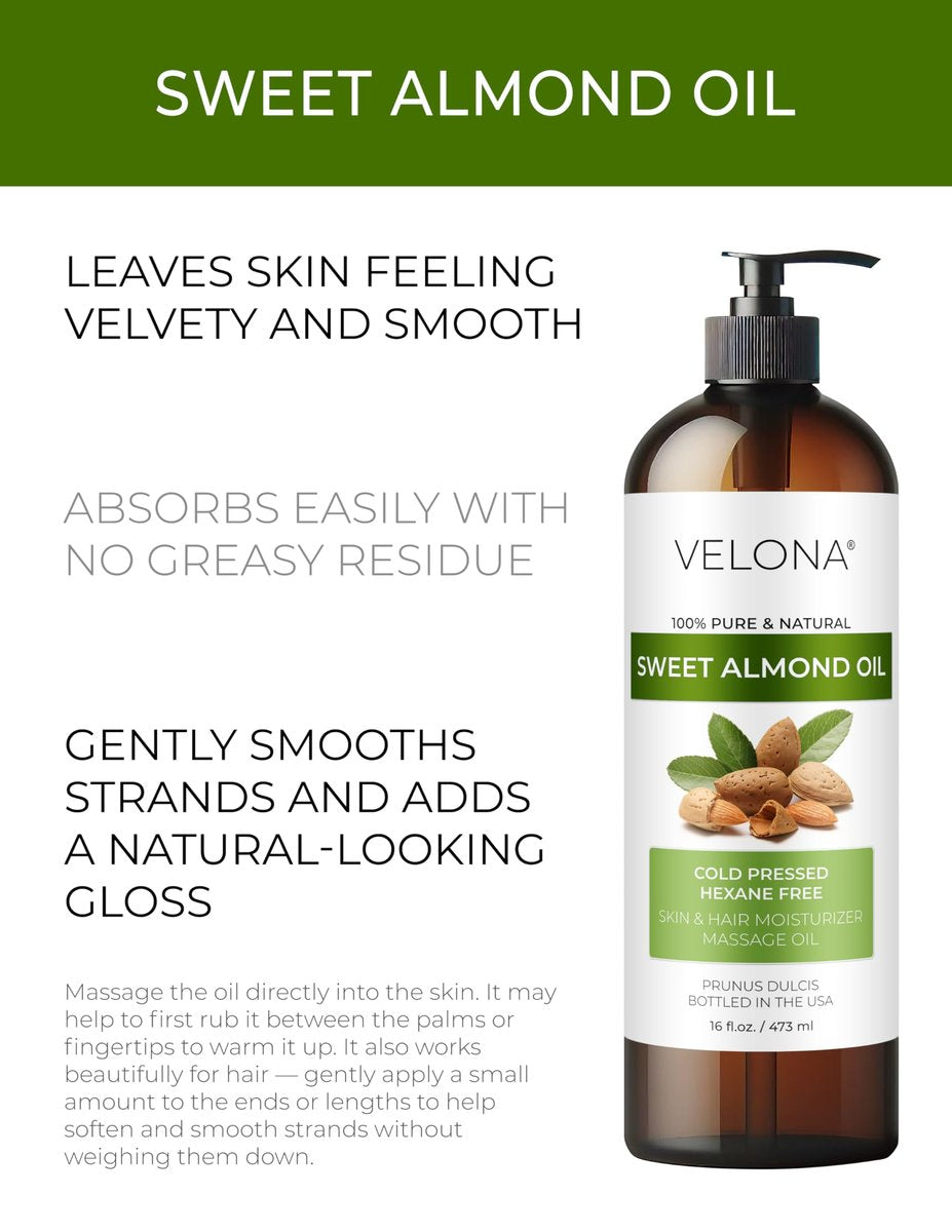 Velona Sweet Almond Oil - 100% Pure & Natural Carrier Oil, Cold Pressed, 16 Fl Oz - görsel 3