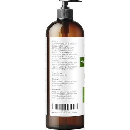 Velona Sweet Almond Oil - 100% Pure & Natural Carrier Oil, Cold Pressed, 16 Fl Oz