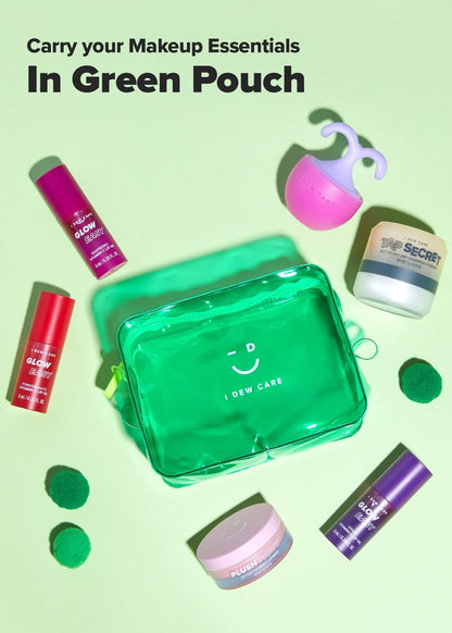 I DEW CARE Green PVC Cosmetic Bag – Clear Standing Makeup Pouch, Water-Resistant Travel Organizer for Women & Men