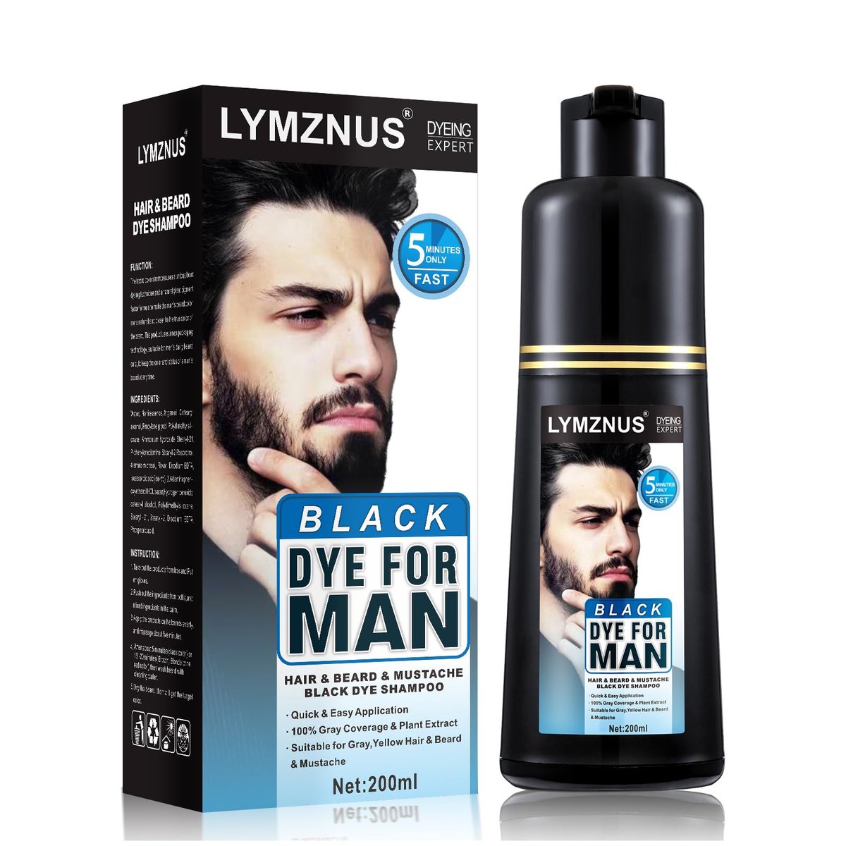 Natural Black Mustache & Beard Dye for Gray Hair Coverage – Fast 5-Minute Application, Easy Shampoo for Facial Hair, 6.76 Fl Oz Avelisse