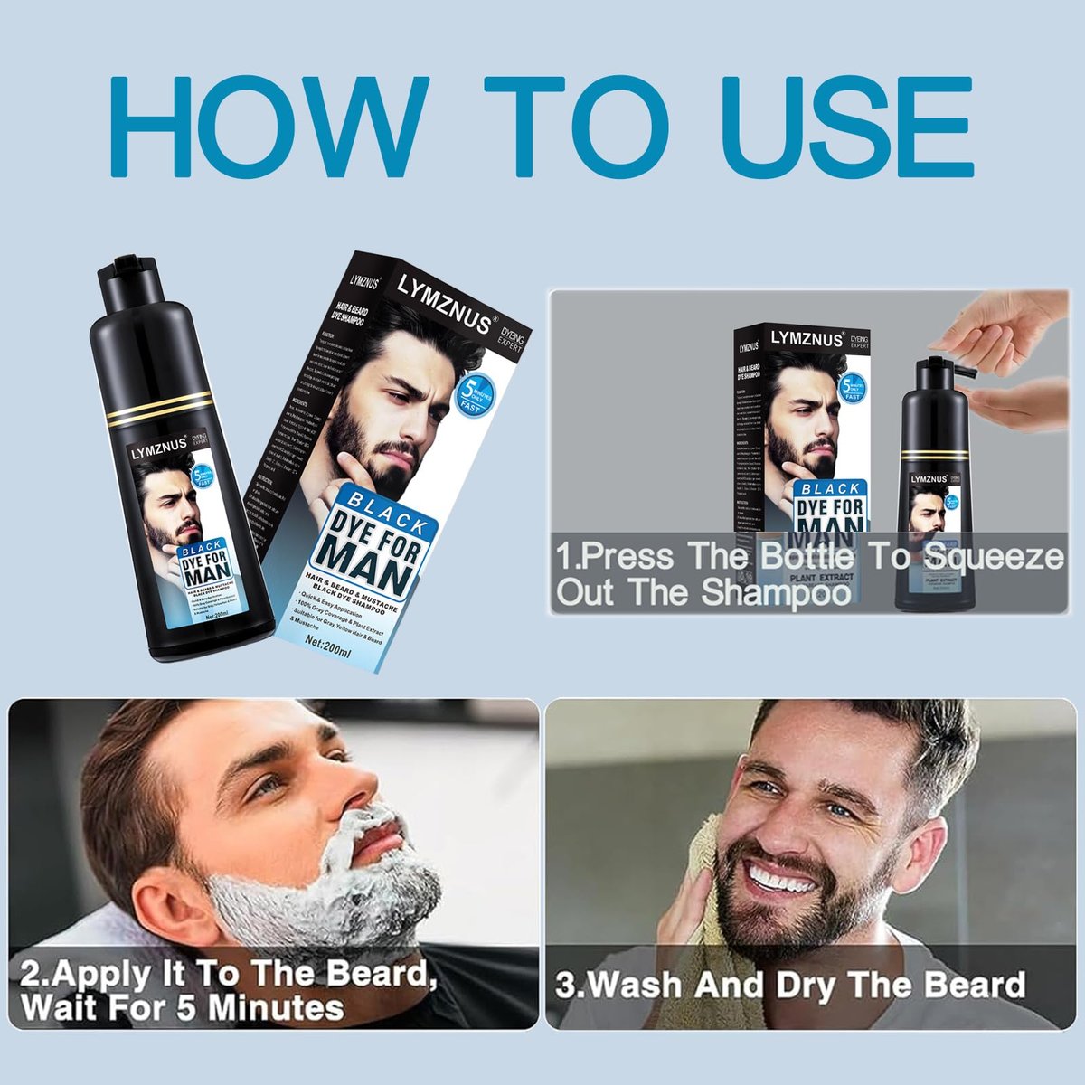 Natural Black Mustache & Beard Dye for Gray Hair Coverage – Fast 5-Minute Application, Easy Shampoo for Facial Hair, 6.76 Fl Oz Avelisse