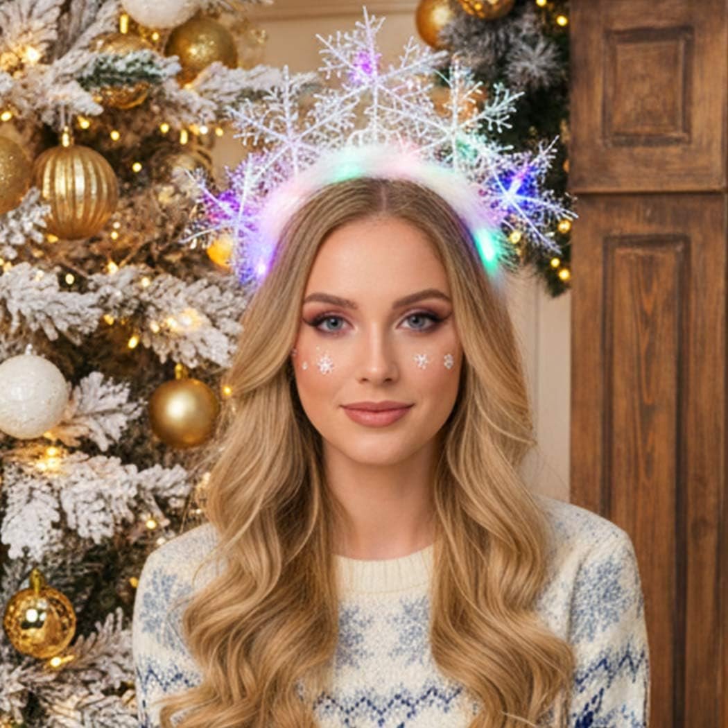 CAKURE Light Up Snowflake Headband - LED Christmas Headbands for Women, Holiday Hair Accessories, White - görsel 7