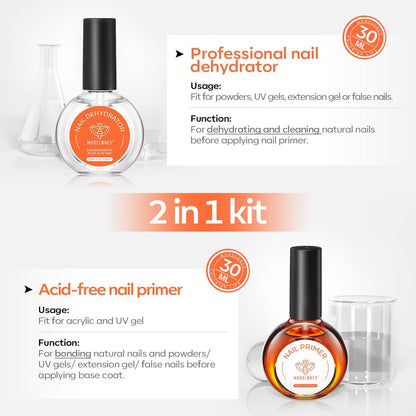 Modelones 30 ml Nail Dehydrator and Primer Kit – Acid Free Natural Prep for Long-Lasting Manicure, Hema-Free Acrylic Nail Supplies Top Coat