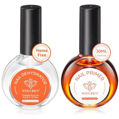 Modelones 30 ml Nail Dehydrator and Primer Kit – Acid Free Natural Prep for Long-Lasting Manicure, Hema-Free Acrylic Nail Supplies Top Coat