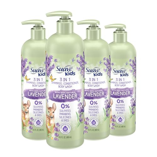 Suave Kids Natural Lavender Oil 3-in-1 Tear Free Body Wash, Shampoo and Conditioner - 16.5 Oz (Pack of 4) - No Sulfates, No Parabens, No Silicones, No Dyes Avelisse
