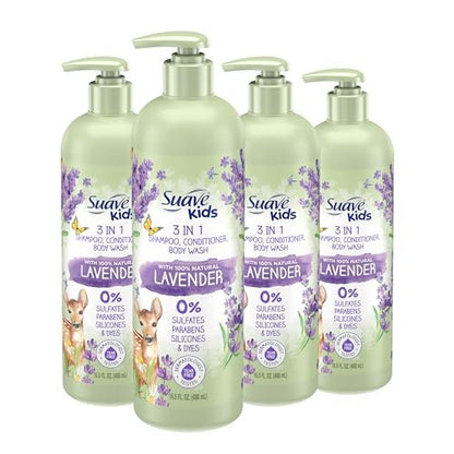 Suave Kids Natural Lavender Oil 3-in-1 Tear Free Body Wash, Shampoo and Conditioner - 16.5 Oz (Pack of 4) - No Sulfates, No Parabens, No Silicones, No Dyes Avelisse