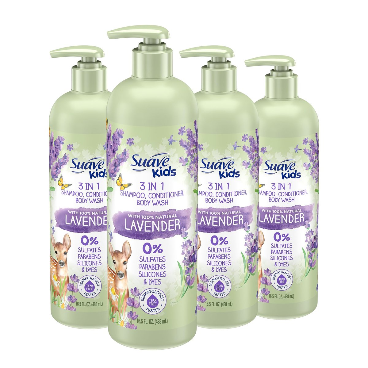 Suave Kids Natural Lavender Oil 3-in-1 Tear Free Body Wash, Shampoo and Conditioner - 16.5 Oz (Pack of 4) - No Sulfates, No Parabens, No Silicones, No Dyes Avelisse