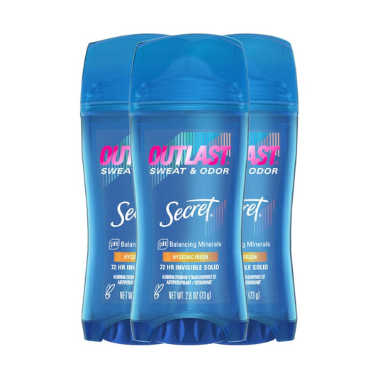 Secret Outlast Antiperspirant Deodorant for Women, 72hr Sweat & Odor Protection, pH Balancing Minerals, Invisible Solid, Hygienic Fresh Scent, 2.6 oz (Pack of 3) Avelisse