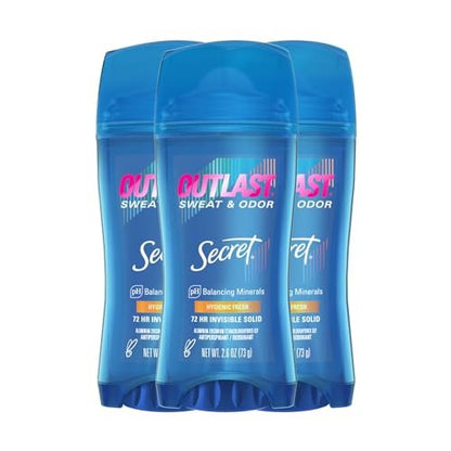 Secret Outlast Antiperspirant Deodorant for Women, 72hr Sweat & Odor Protection, pH Balancing Minerals, Invisible Solid, Hygienic Fresh Scent, 2.6 oz (Pack of 3) Avelisse