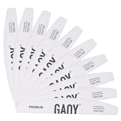 GAOY 10-Piece Professional Half-Moon Nail Files, 100/180 Grit Double-Sided Washable Emery Boards for Acrylic and Gel Nails
