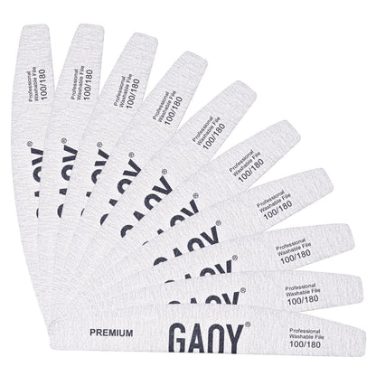 GAOY 10-Piece Professional Half-Moon Nail Files, 100/180 Grit Double-Sided Washable Emery Boards for Acrylic and Gel Nails