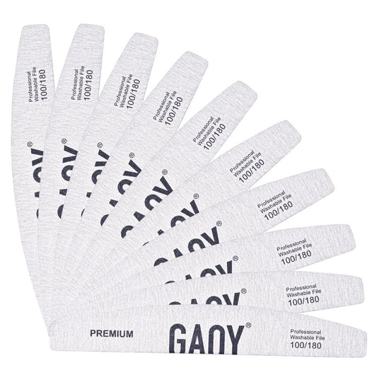 GAOY 10-Piece Professional Half-Moon Nail Files, 100/180 Grit Double-Sided Washable Emery Boards for Acrylic and Gel Nails