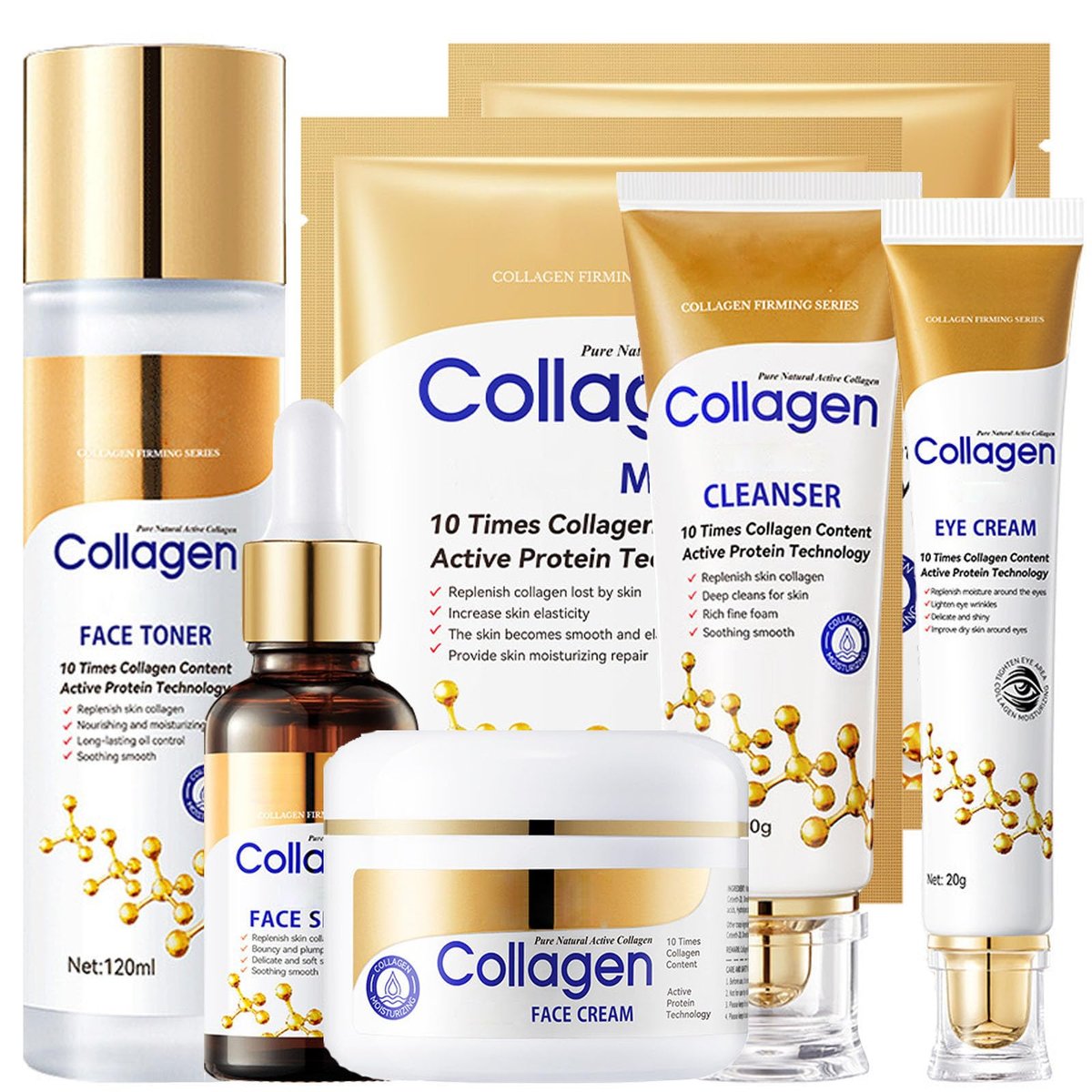 LAIKME Collagen Skin Care Set for Older Women - 6-Piece Face Care Kit with Serum, Cream, Eye Cream, Toner, Cleanser & Mask - Firming, Hydrating, Pore Minimizing & Wrinkle Smoothing Avelisse