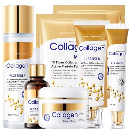 LAIKME Collagen Skin Care Set for Older Women - 6-Piece Face Care Kit with Serum, Cream, Eye Cream, Toner, Cleanser & Mask - Firming, Hydrating, Pore Minimizing & Wrinkle Smoothing Avelisse
