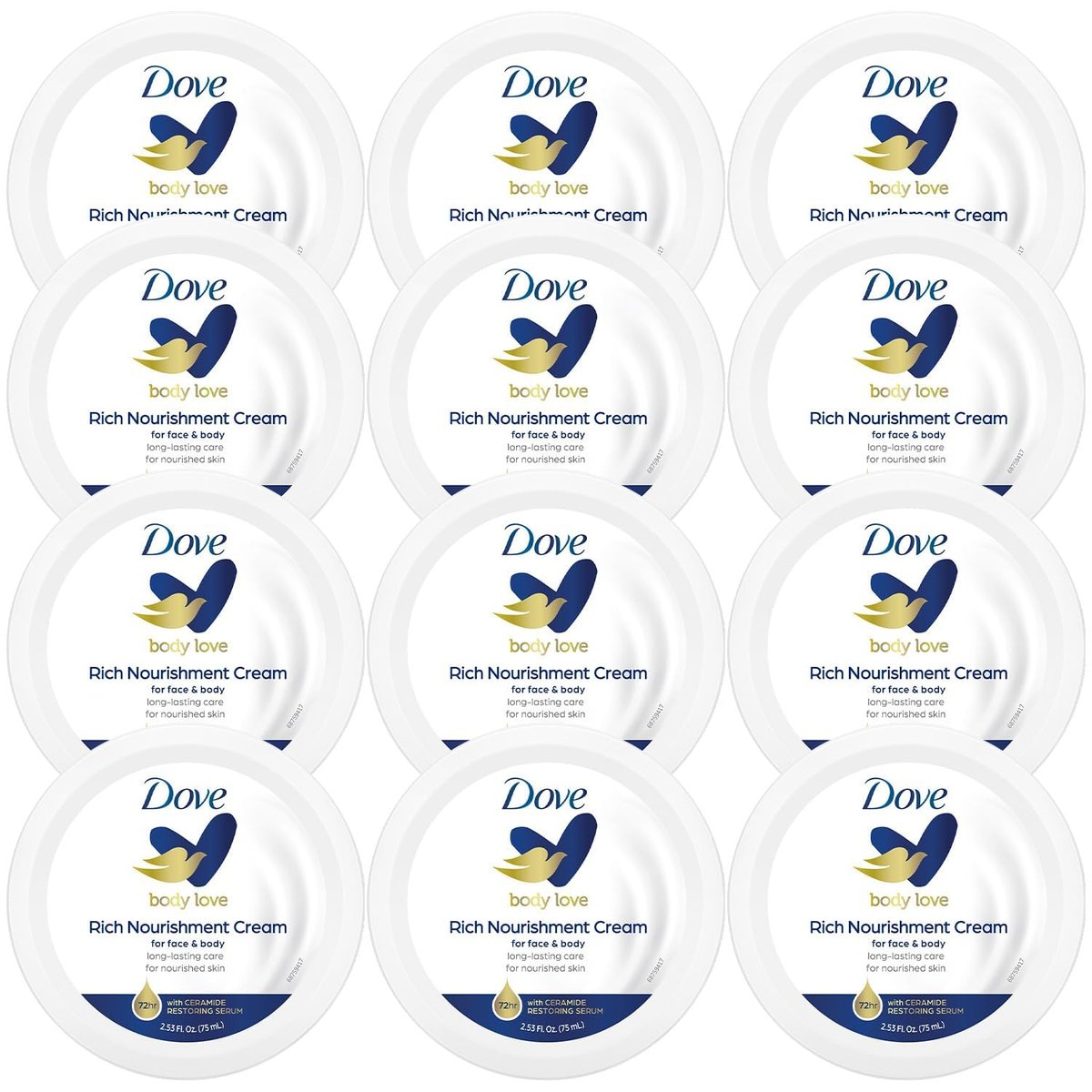 Dove Body Love Rich Nourishment Cream – 72-Hour Moisturizing Face, Hand & Body Lotion for Extremely Dry Skin with Ceramide Serum, Travel Size, 2.53 oz (Pack of 12) Avelisse