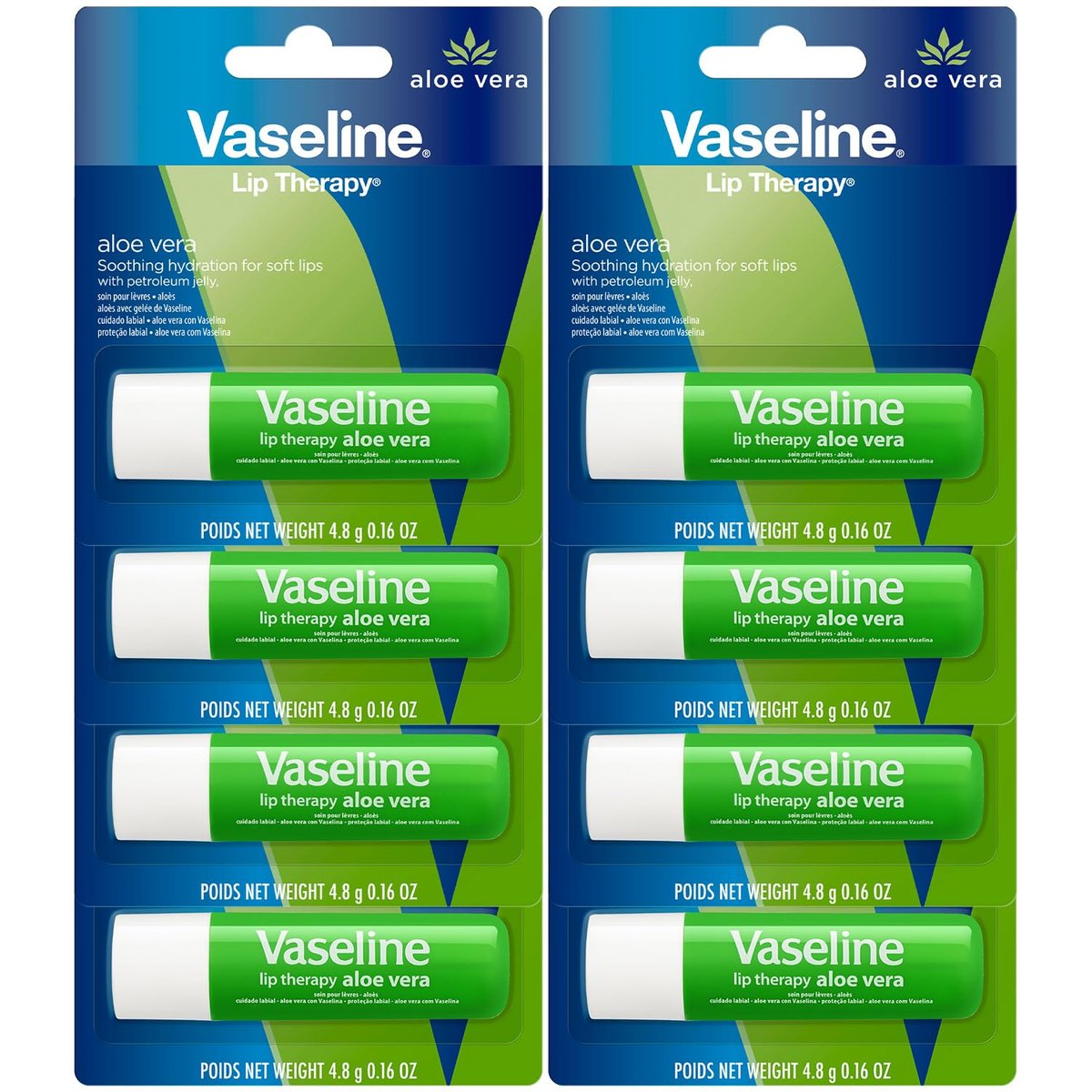 Vaseline Lip Therapy Aloe Fresh 8-Pack – Moisturizing Lip Balm for Very Dry Lips, 0.16 Oz Each Avelisse