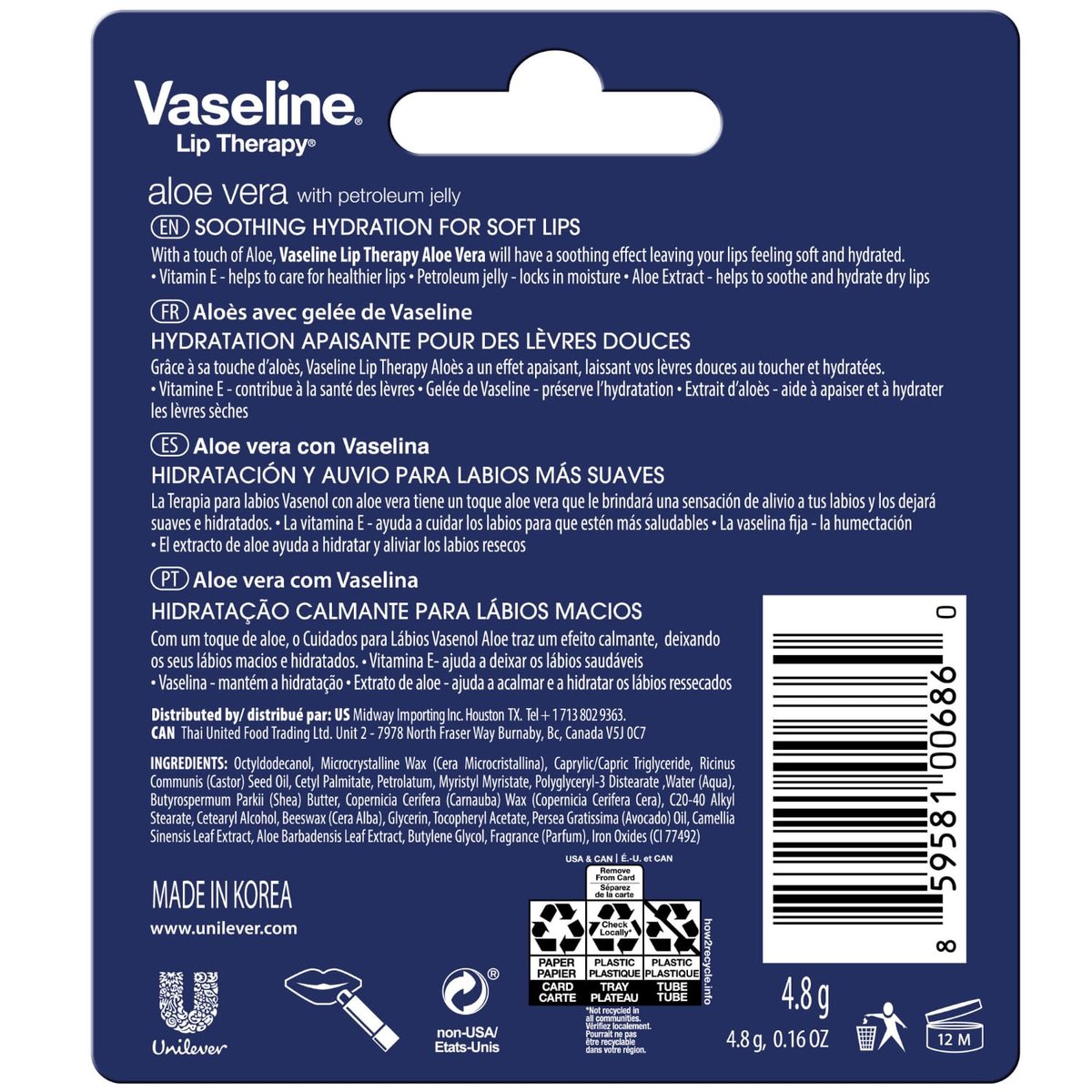 Vaseline Lip Therapy Aloe Fresh 8-Pack – Moisturizing Lip Balm for Very Dry Lips, 0.16 Oz Each Avelisse