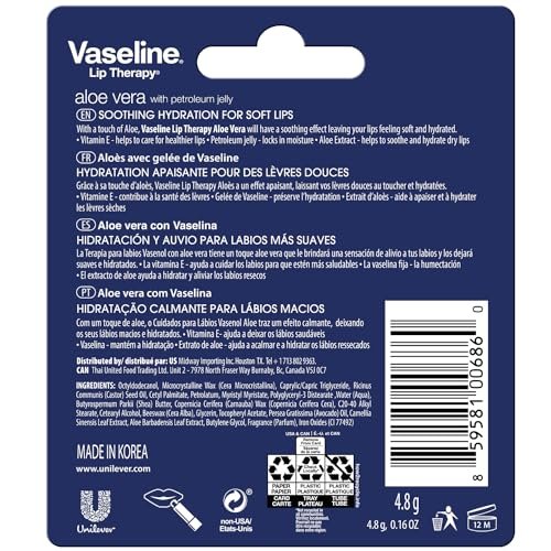 Vaseline Lip Therapy Aloe Fresh 8-Pack – Moisturizing Lip Balm for Very Dry Lips, 0.16 Oz Each Avelisse