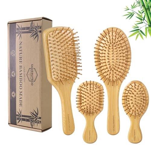 SAMEBUTECO Bamboo Hair Brush Set – 4 Styles Paddle Detangling Brushes for Thick, Thin, Curly, and Dry Hair, Women and Girls, Travel Portable - görsel 2