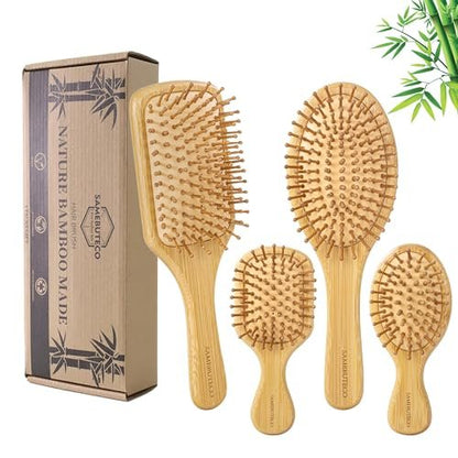 SAMEBUTECO Bamboo Hair Brush Set – 4 Styles Paddle Detangling Brushes for Thick, Thin, Curly, and Dry Hair, Women and Girls, Travel Portable