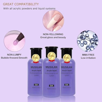 MUSILAN Monomer Acrylic Nail Liquid 6oz - Professional 180ml MMA Free, Quick Dry, Non-Yellowing