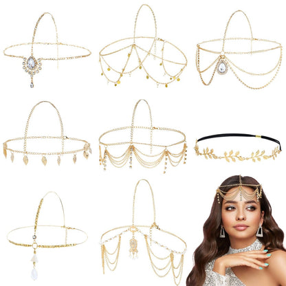 Dizila 8 Pieces Gold Head Chains with Rhinestone Pearl Leaf Coin – Boho Headbands, Tassel Forehead Chain, Hair Bands for Women Girls Avelisse
