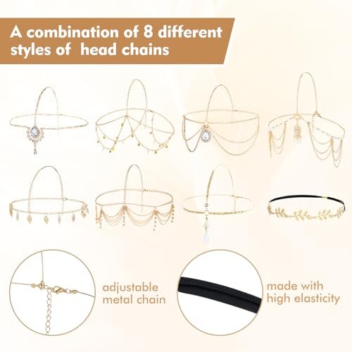 Dizila 8 Pieces Gold Head Chains with Rhinestone Pearl Leaf Coin – Boho Headbands, Tassel Forehead Chain, Hair Bands for Women Girls Avelisse