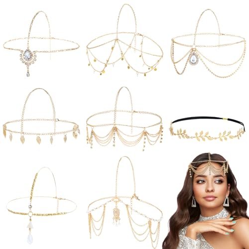 Dizila 8 Pieces Gold Head Chains with Rhinestone Pearl Leaf Coin – Boho Headbands, Tassel Forehead Chain, Hair Bands for Women Girls Avelisse