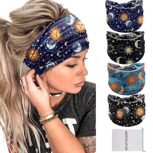 NERTNJIFOR Women's Star Moon Knotted Headbands - Pack of 4 - Wide Non-Slip Yoga Turban Hair Wraps - görsel 2
