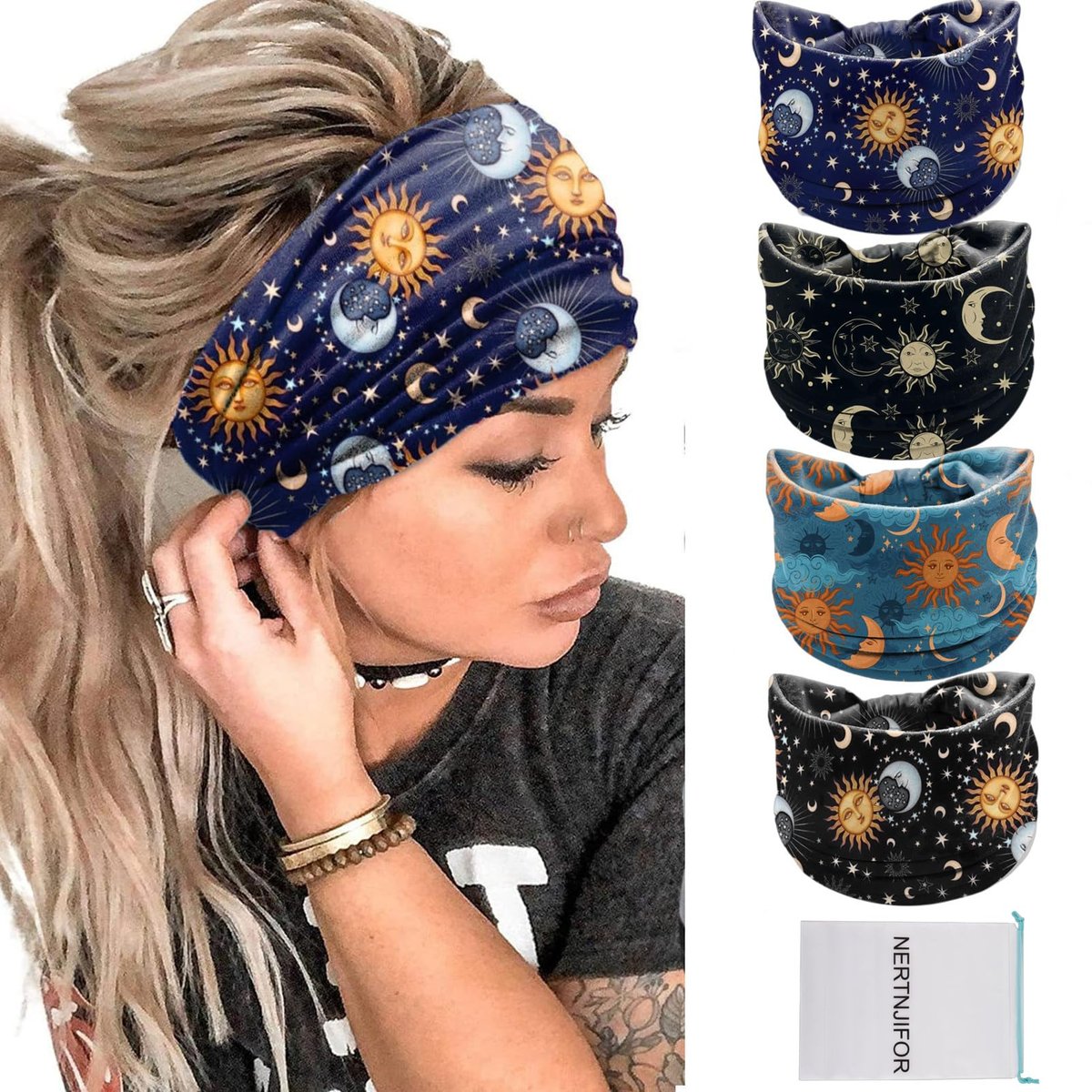 NERTNJIFOR Women's Star Moon Knotted Headbands - Pack of 4 - Wide Non-Slip Yoga Turban Hair Wraps - görsel 1