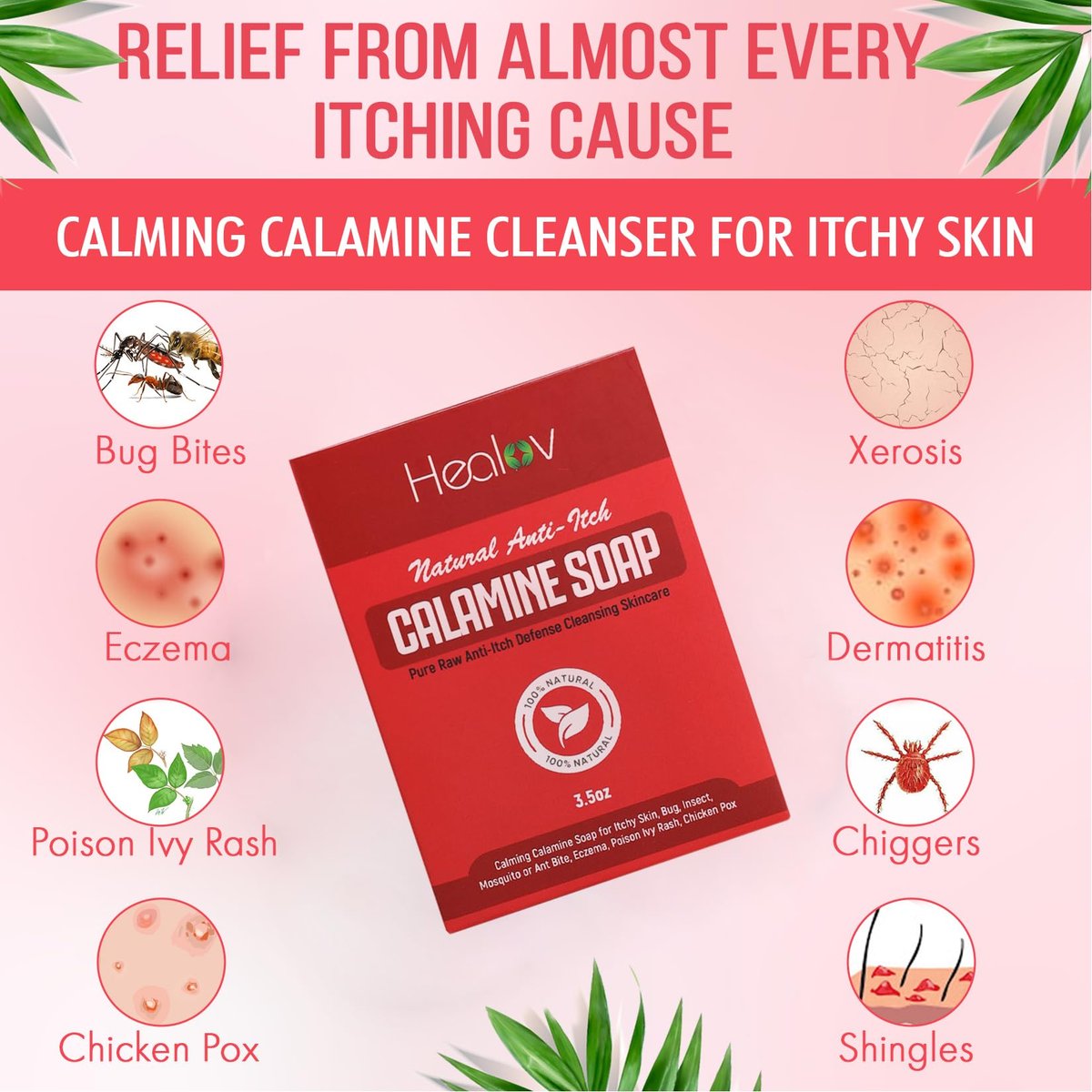 Healov Calamine Soap Bar for Itching – All Natural Instant Itch Relief for Insect Bites, Eczema, Poison Ivy, Chicken Pox – Pure Raw Anti-Itch Defense Cleansing Skincare (3.5 oz) - görsel 3
