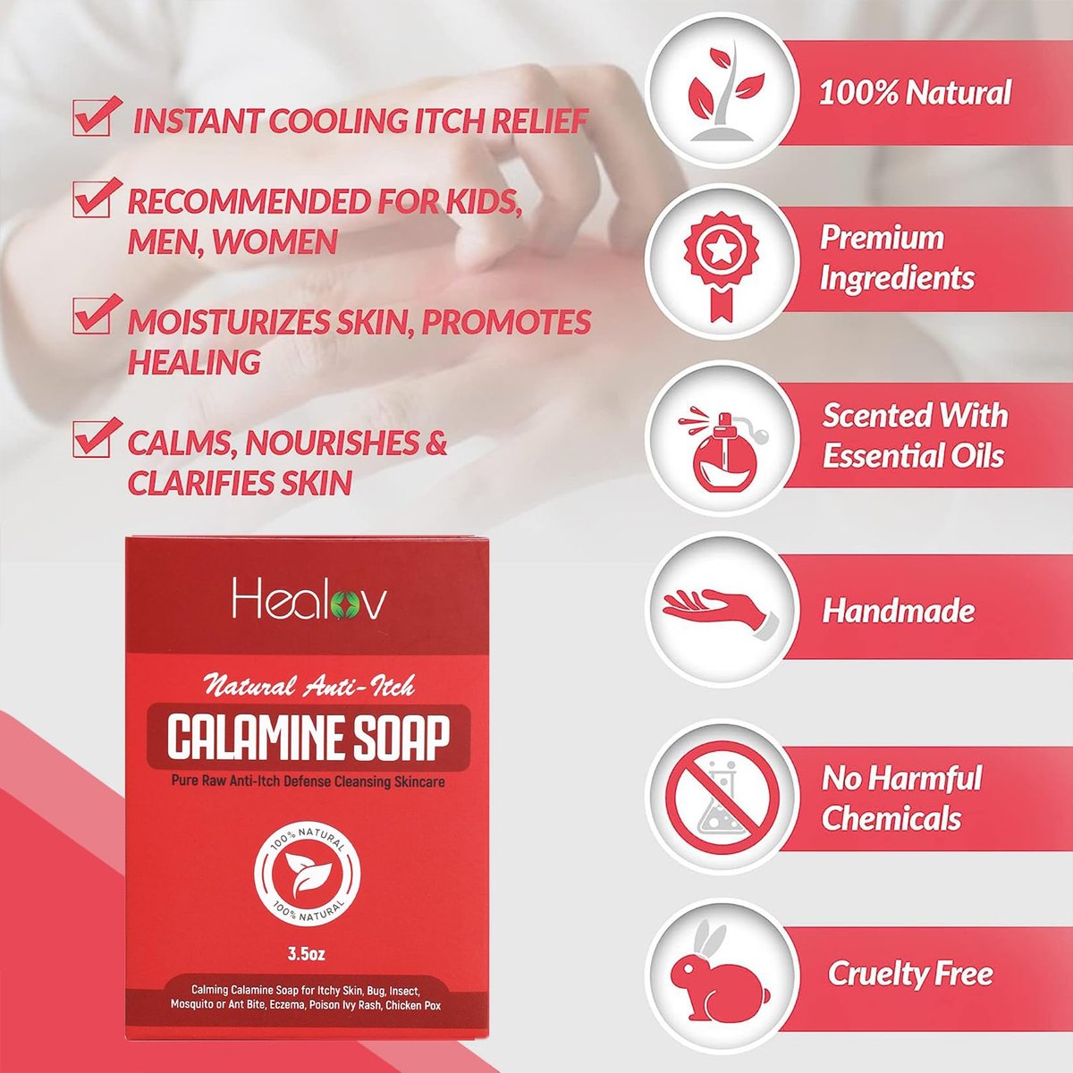 Healov Calamine Soap Bar for Itching – All Natural Instant Itch Relief for Insect Bites, Eczema, Poison Ivy, Chicken Pox – Pure Raw Anti-Itch Defense Cleansing Skincare (3.5 oz) - görsel 5