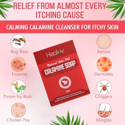 Healov Calamine Soap Bar for Itching – All Natural Instant Itch Relief for Insect Bites, Eczema, Poison Ivy, Chicken Pox – Pure Raw Anti-Itch Defense Cleansing Skincare (3.5 oz)