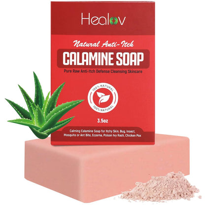 Healov Calamine Soap Bar for Itching – All Natural Instant Itch Relief for Insect Bites, Eczema, Poison Ivy, Chicken Pox – Pure Raw Anti-Itch Defense Cleansing Skincare (3.5 oz)
