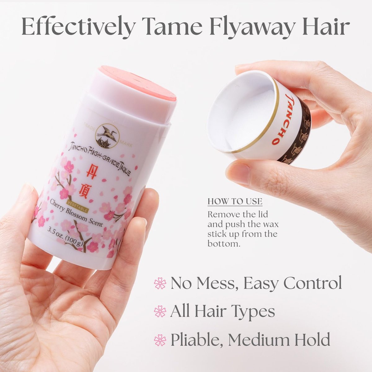 Gatsby Tancho Hair Styling Wax Stick - Japanese Cherry Blossom Scent, 3.5 oz (100g) - Special Edition High-Grade Plant-Based Pomade for All Hair Types Avelisse